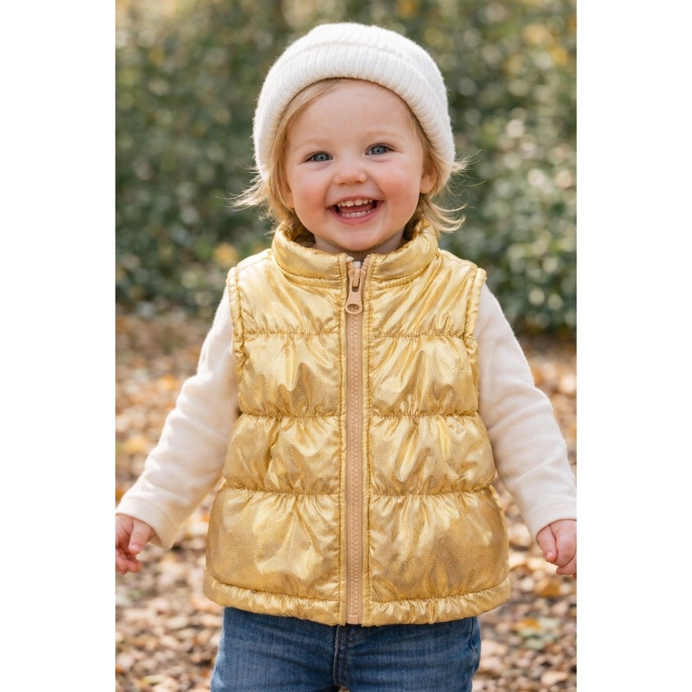 Healthtex Baby Gold Puffer Vest 12M Metallic‎ Quilted Zip Winter